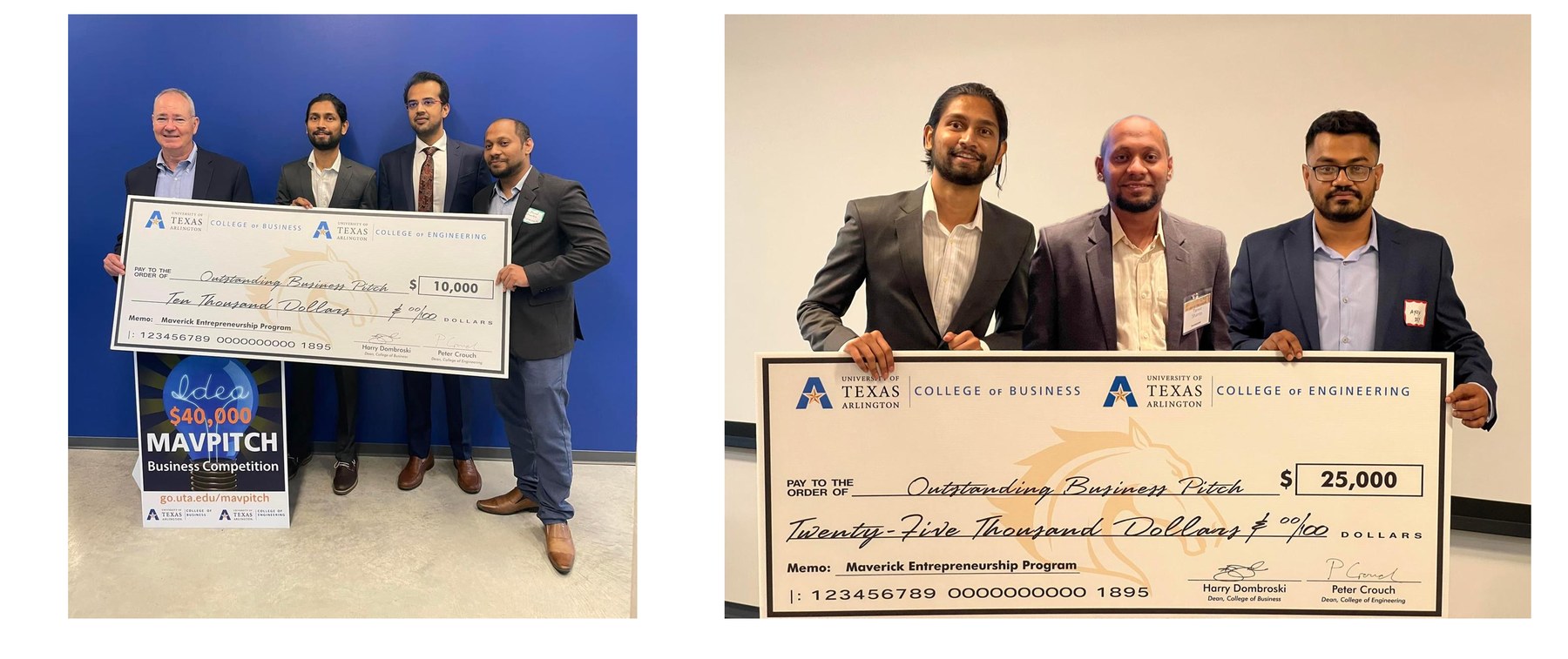 Two Maverick Business Pitch Competition cheque presentations, for $10,000 and $25,000, awarded for Outstanding Business Pitch under the Maverick Entrepreneurship Program