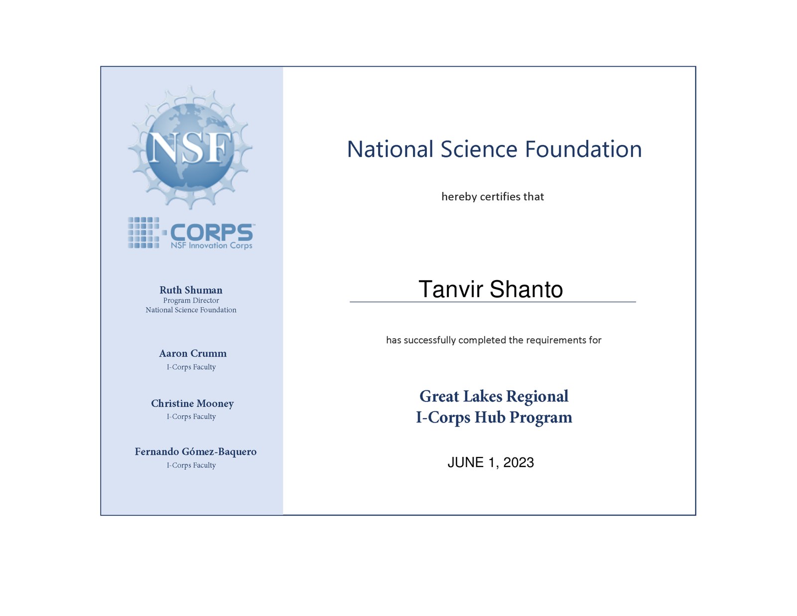 National Science Foundation I-Corps certificate awarded to Tanvir Shanto for the Great Lakes Regional I-Corps Hub Program, dated 1 June 2023