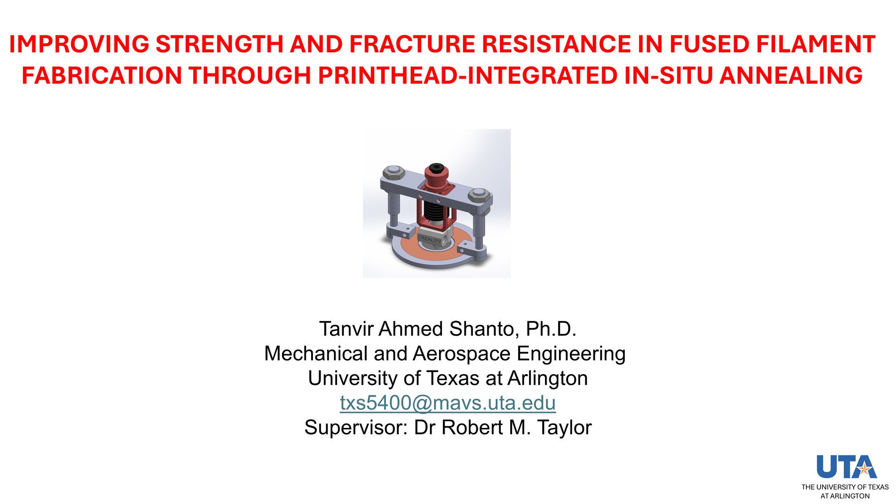 Dissertation title slide showing the in-situ annealing printhead assembly