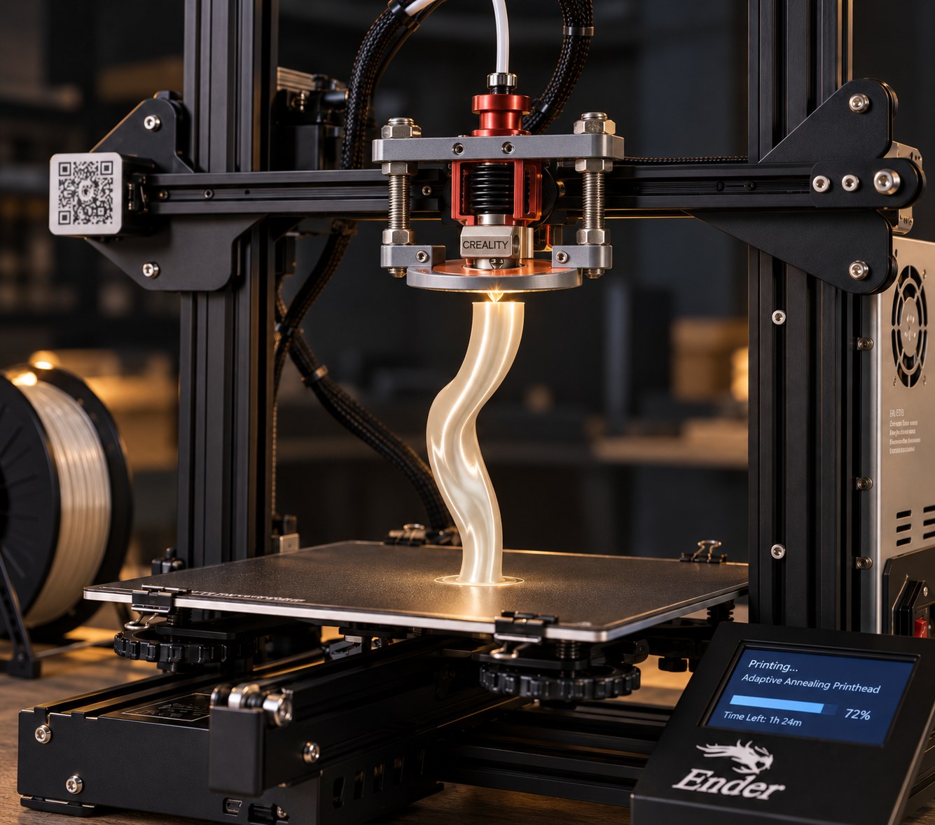 Visualization of the adaptive annealing printhead mounted on a desktop FFF printer, with the heated annealing plate reheating the part as it is built
